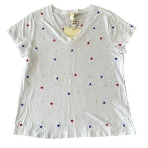 Cynthia Rowley White Embroidered Red Blue Star V-Neck T-Shirt Large Patriotic